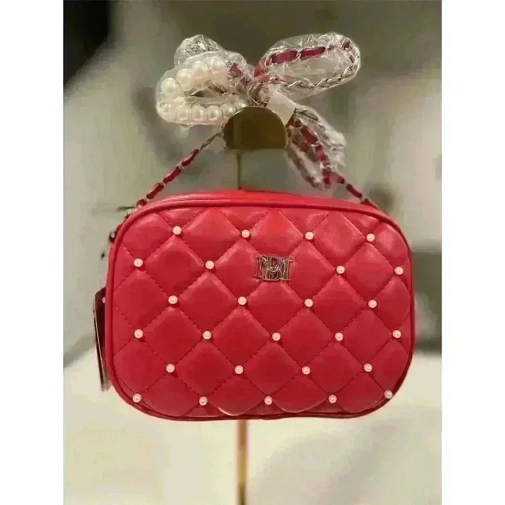 Badgley Mischka Red Quilted Crossbody Bag with Pearl Studs Women's Casual